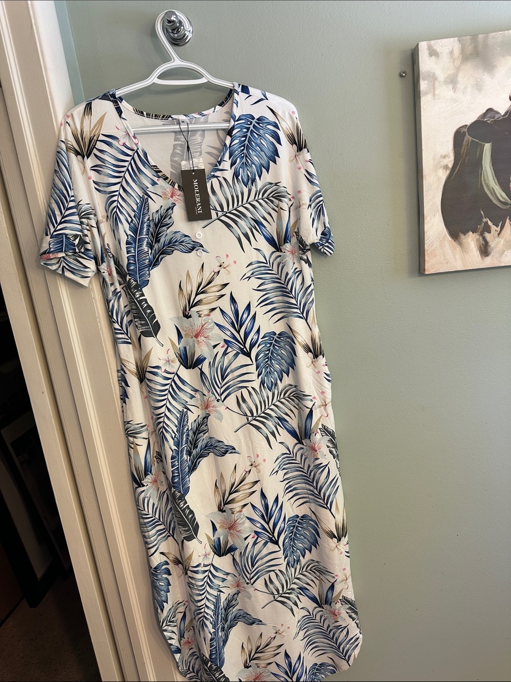 new directions White Maxi Dress with Blue Tropical Leaf Print